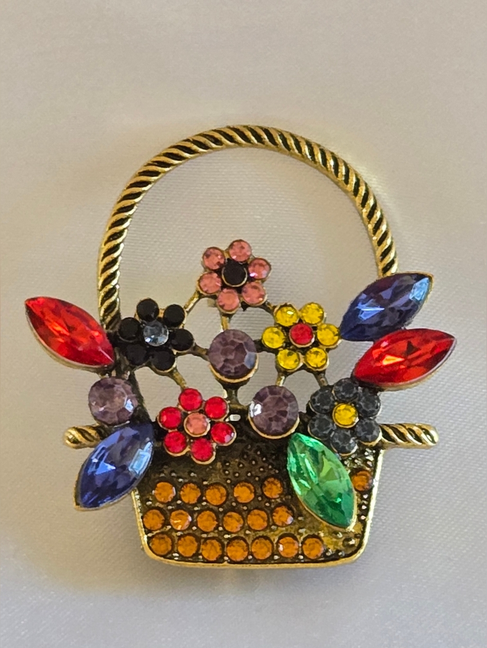 Gold Basket Floral Crystal Brooch — Multicolor Sparkle - Picture 3 of 3